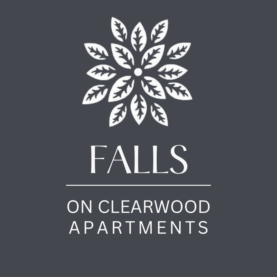 A logo for Falls on Clearwood Apartments with a flower graphic.